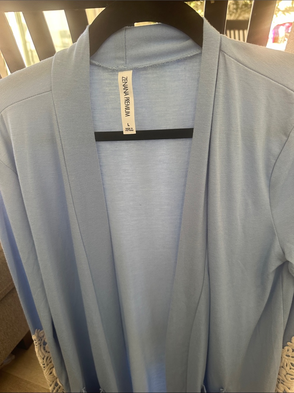 Zenana Outfitters Sky Blue Robe with Cream Lace Cuffs - Picture 2 of 4